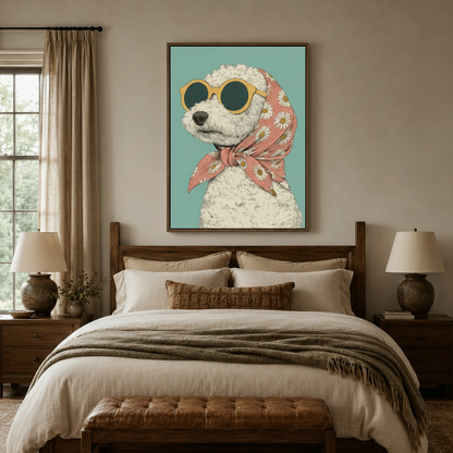 Quirky poodle wall art above bed in a neutral bedroom with warm ambient lighting