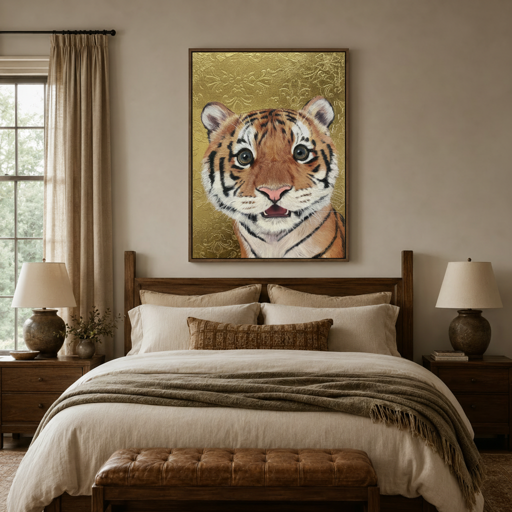 Bold tiger cub gold damask painting above a wooden bed in a warmly lit cozy bedroom
