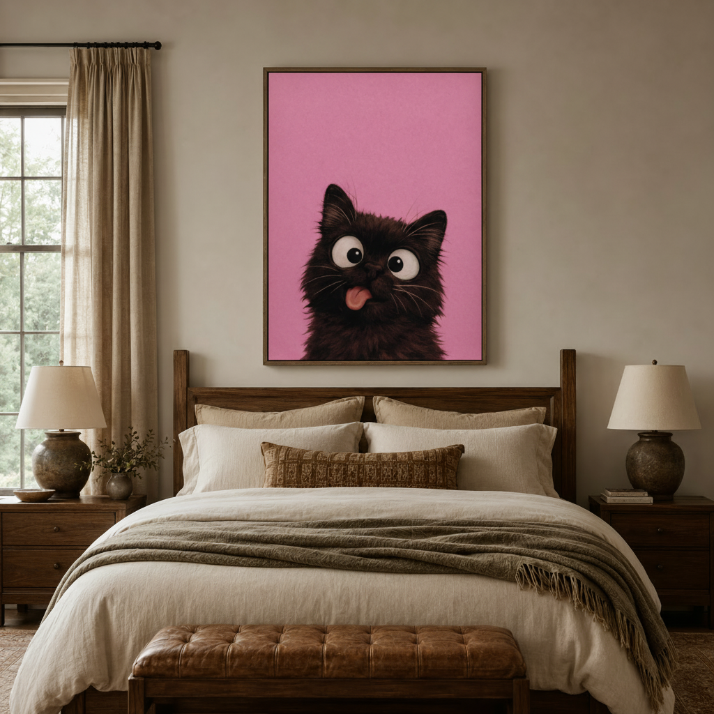 Cute black cat tongue out canvas wall art above bed in a cozy farmhouse-style bedroom