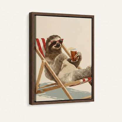 Framed sloth drinking beer wall art in dark walnut float frame, angled product view