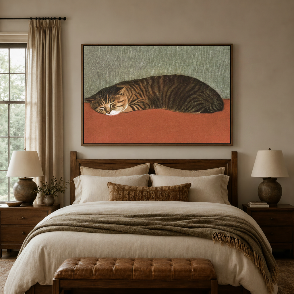 Vintage tabby cat canvas wall art centered above wooden bed in cozy bedroom with linen bedding and table lamps