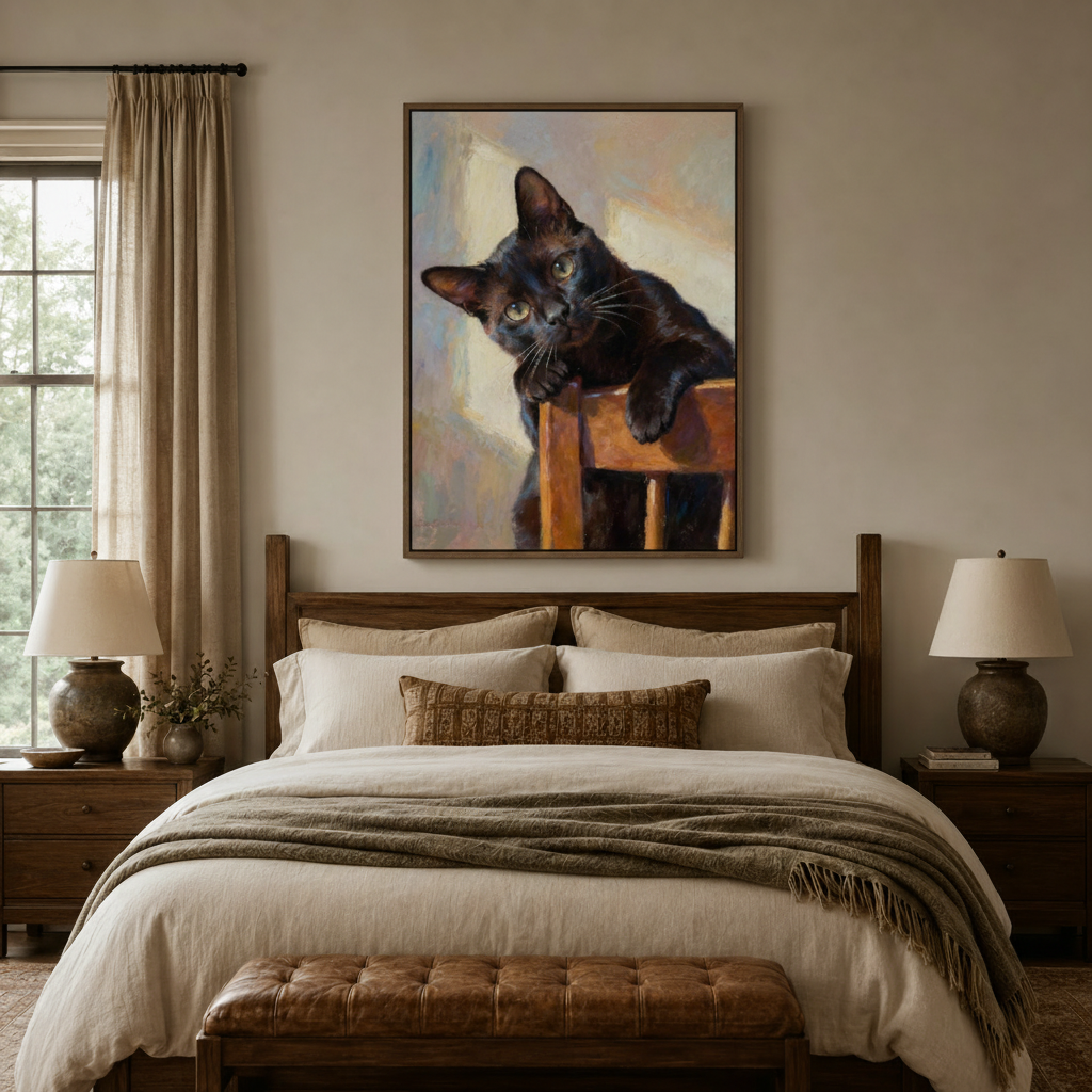 Impressionist black cat wall art above a wooden bed headboard in a cozy neutral bedroom interior