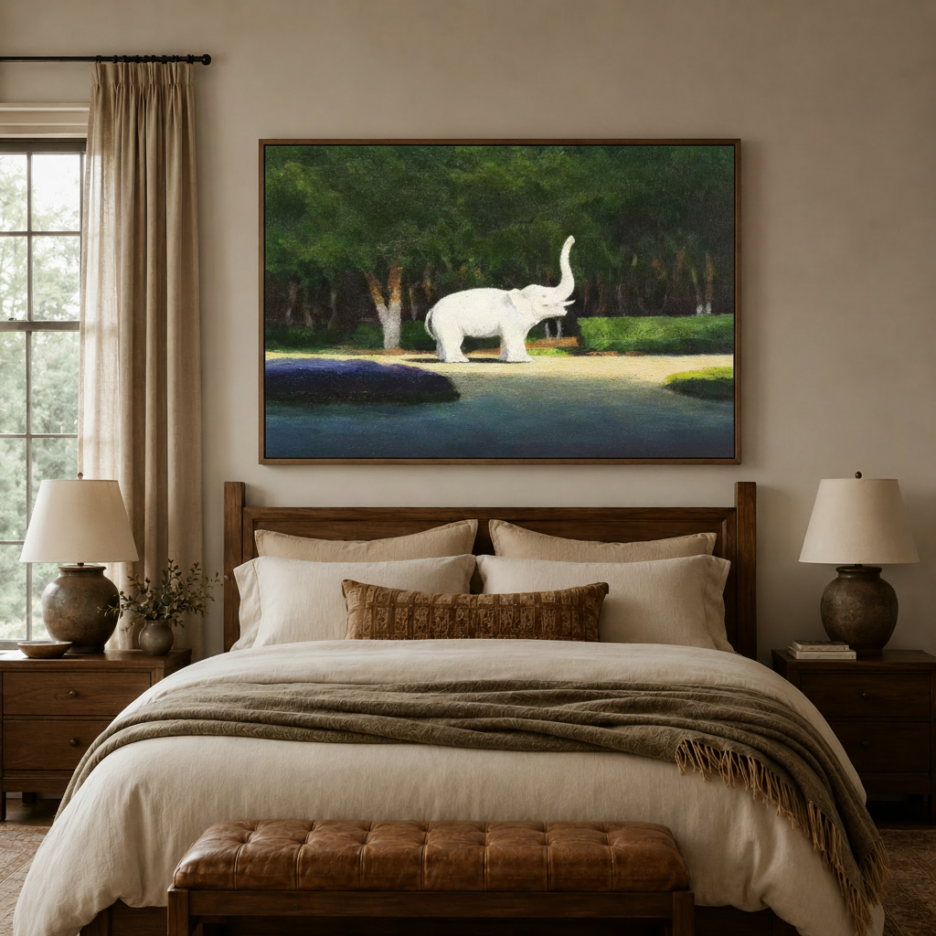White elephant wildlife oil painting canvas above a wooden bed headboard in a warm neutral bedroom