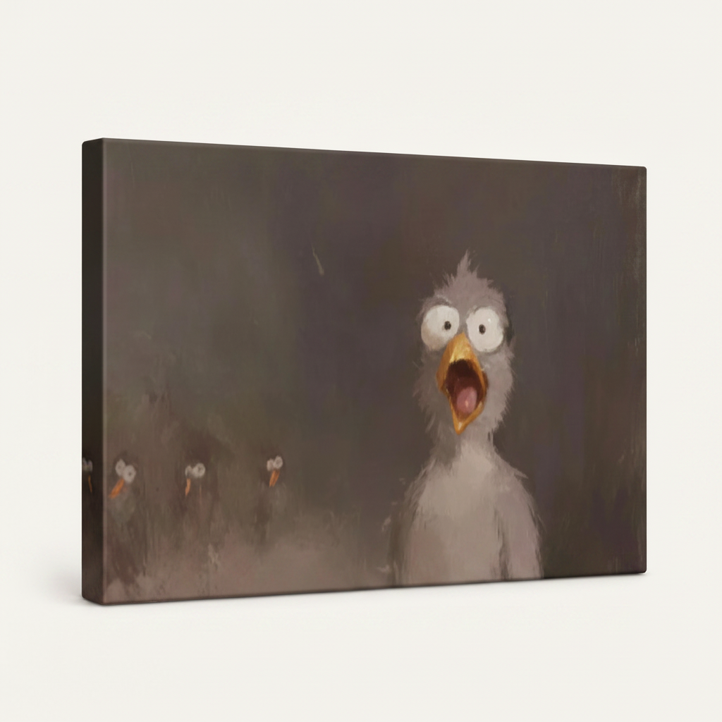 Gallery wrapped screaming bird dark atmospheric canvas side view showing smoky gray background wrapping edges