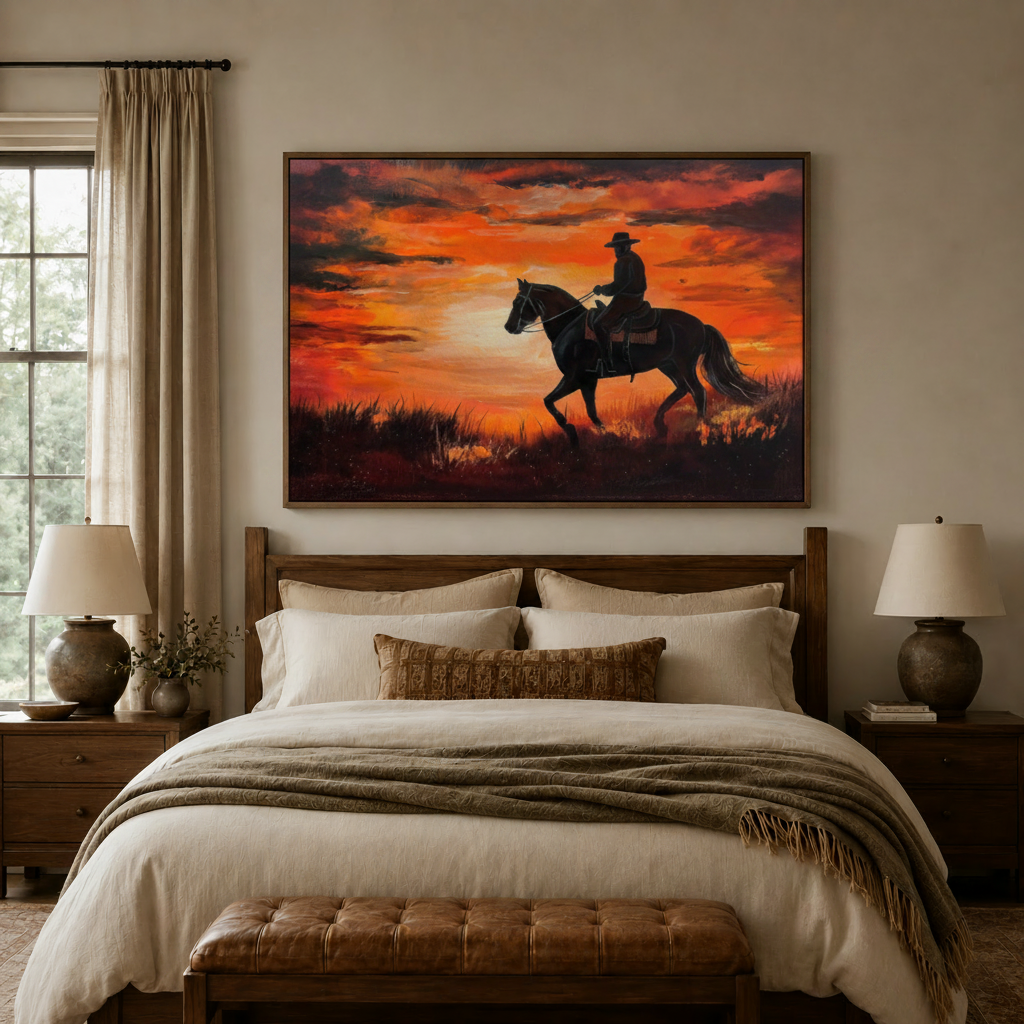 Cowboy sunset wall art centered above bed headboard in cozy bedroom setting