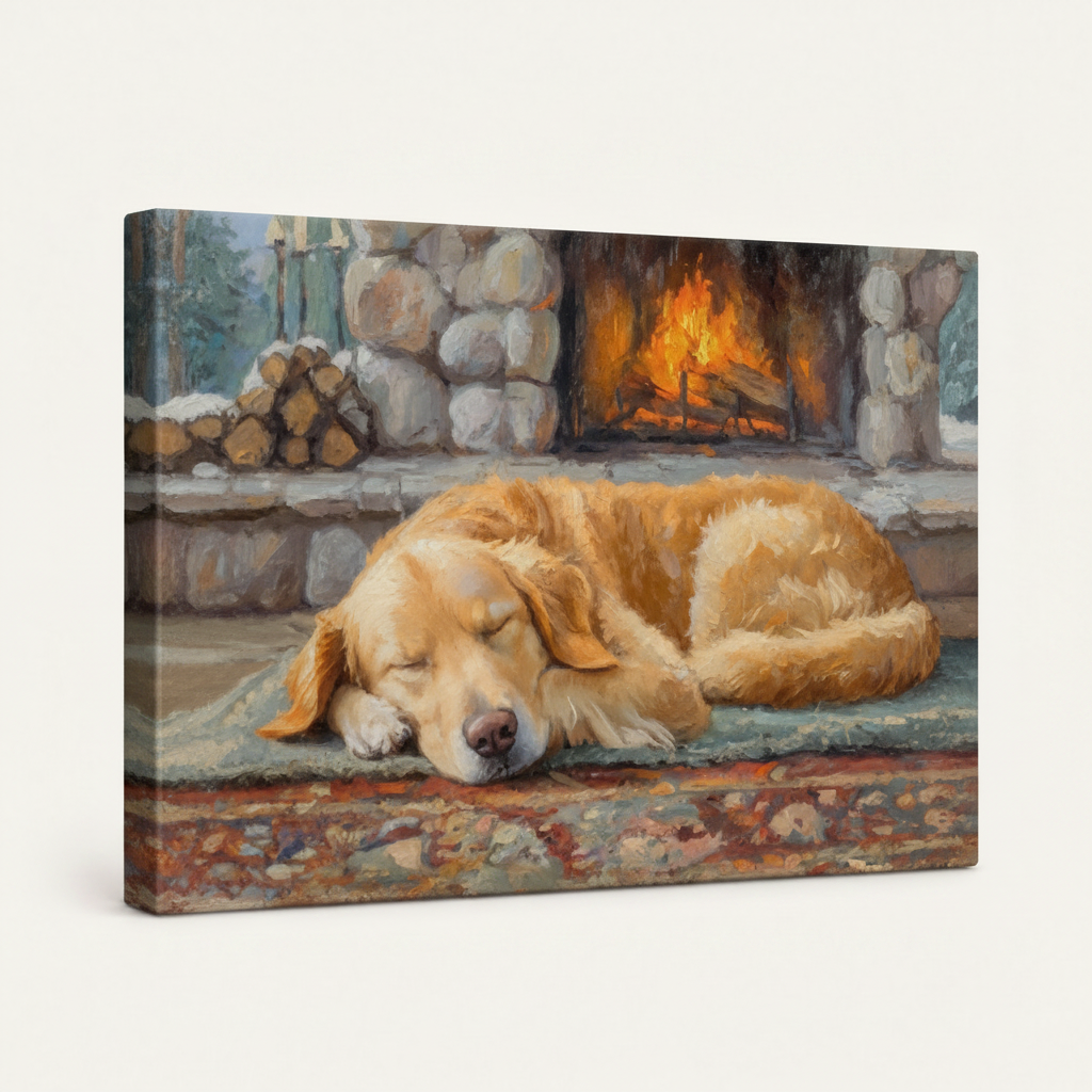 Gallery wrapped golden retriever fireplace canvas side view showing dark wrap edges no frame