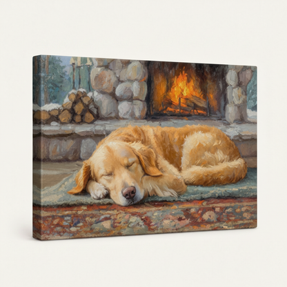 Gallery wrapped golden retriever fireplace canvas side view showing dark wrap edges no frame