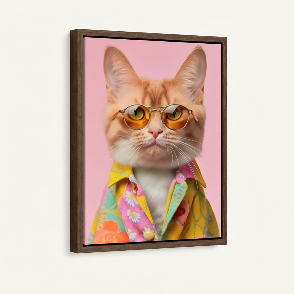 Framed canvas print of cool cat in amber sunglasses in dark walnut float frame on white background
