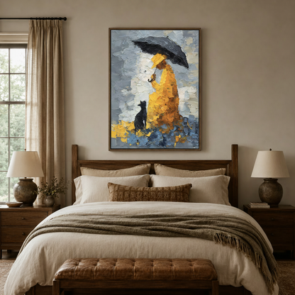 Bold yellow and blue-gray impasto canvas art displayed above a linen bed in a cozy bedroom