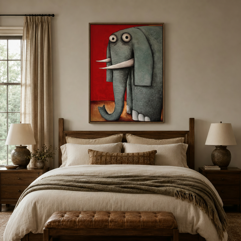 Quirky grey elephant canvas print above a dark wood bed in a cozy bedroom setting