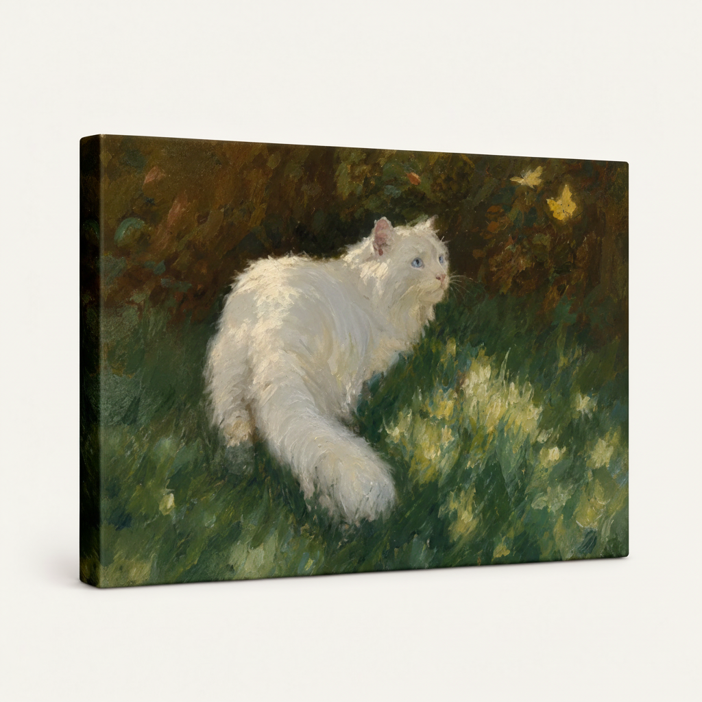 White cat chasing butterfly garden classical canvas wall art above walnut headboard in warm cream bedroom