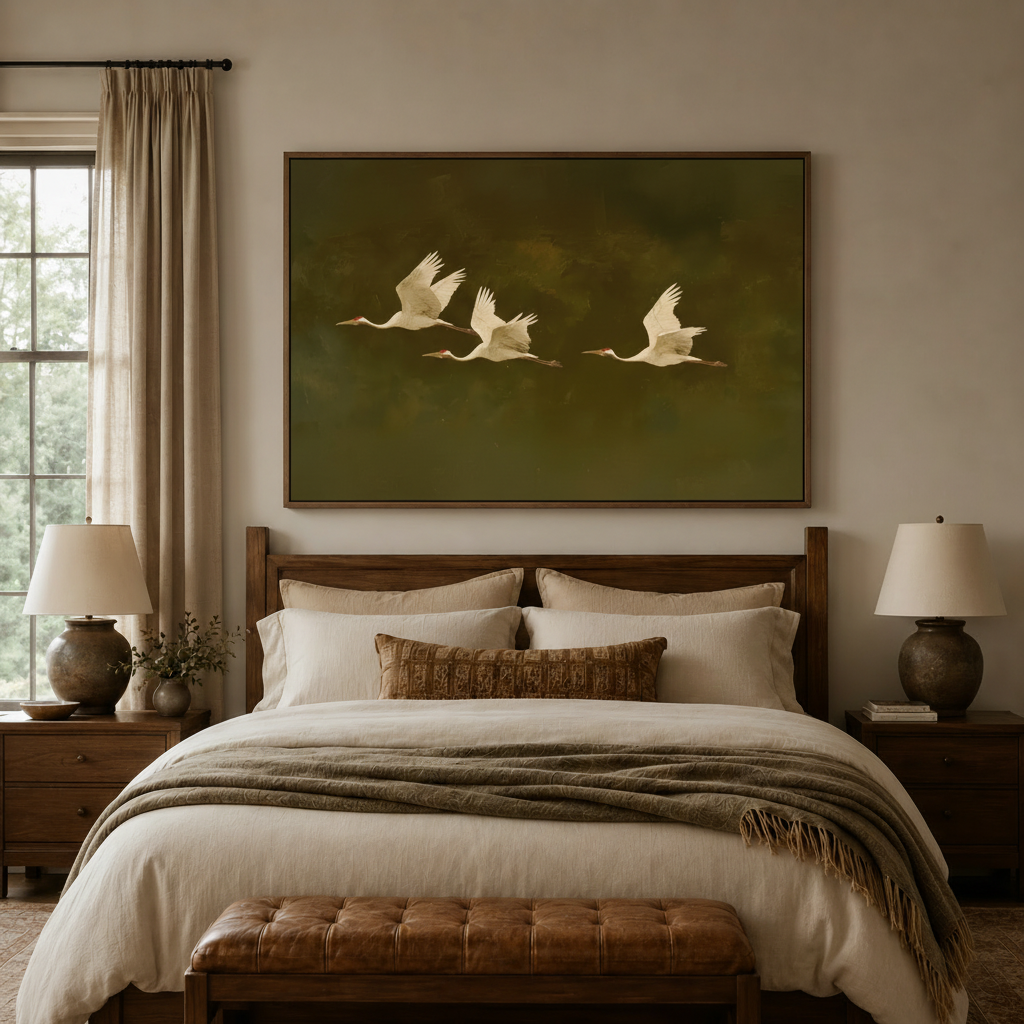 Serene flying cranes canvas wall art displayed above bed in warm neutral bedroom interior