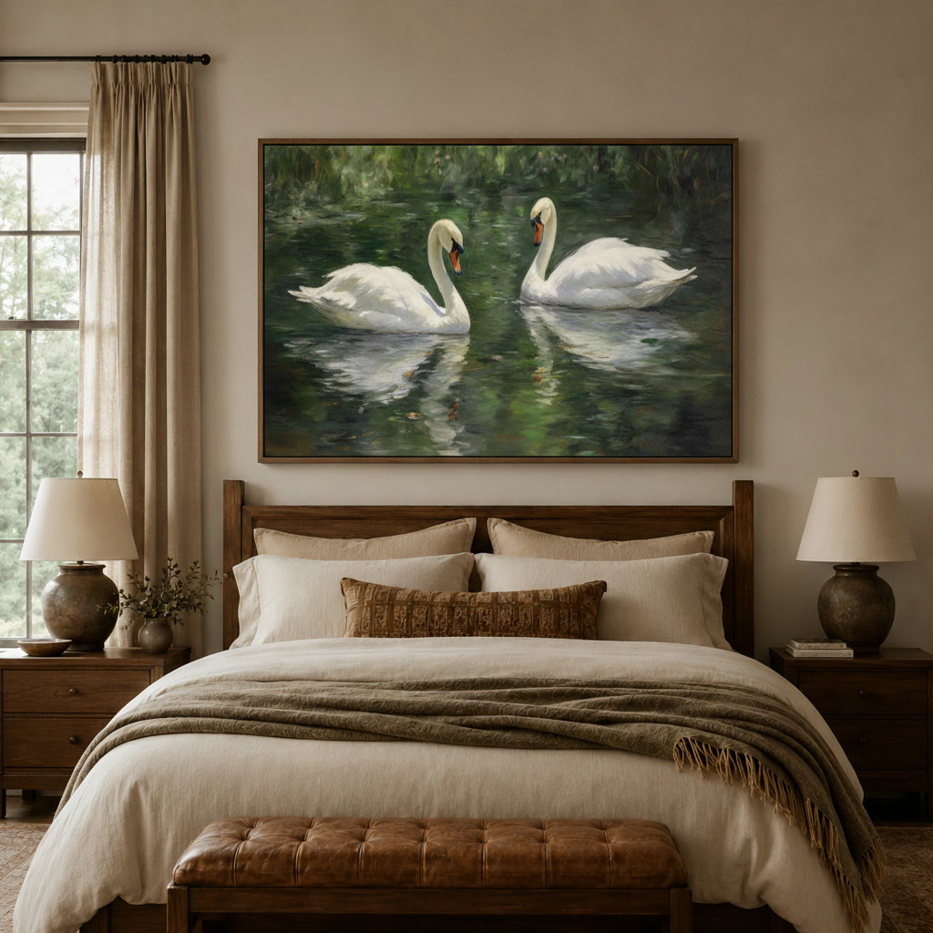 Framed swan painting displayed above bed in warm neutral bedroom with linen bedding and walnut furniture