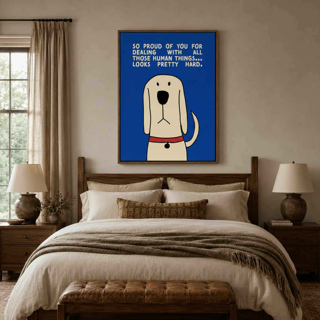  Blue cartoon dog canvas print above bed in cozy neutral bedroom decor