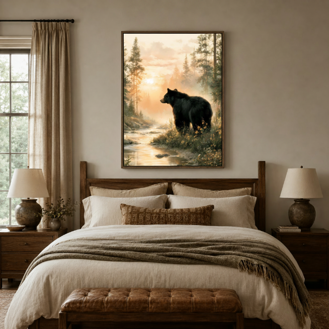 Wildlife oil painting canvas of a black bear at golden hour above a cozy bedroom bed frame