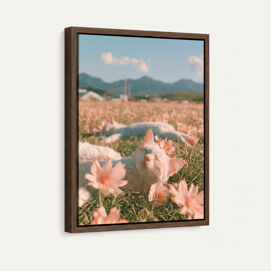Framed canvas print of white cat in pink cosmos field in dark walnut float frame on white background