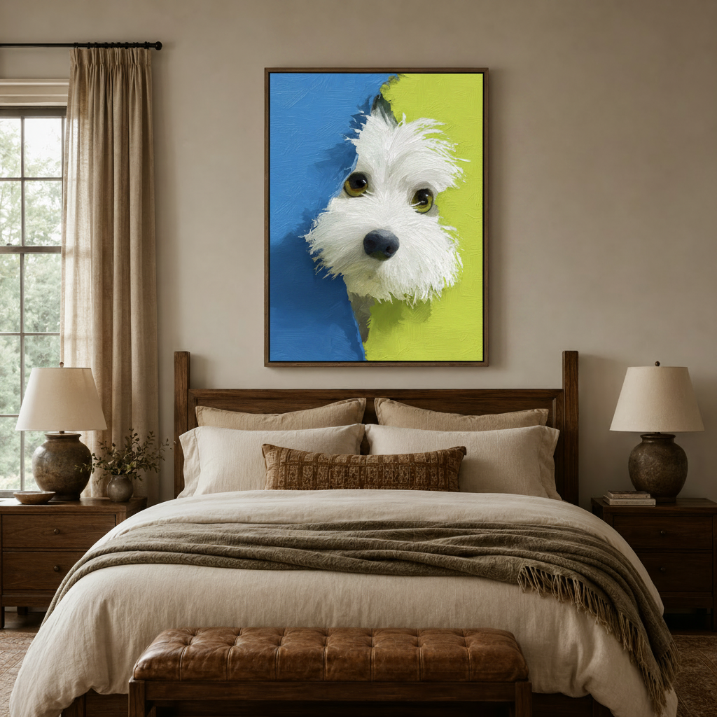 Fluffy white dog impasto oil painting in dark walnut float frame above wooden bed headboard