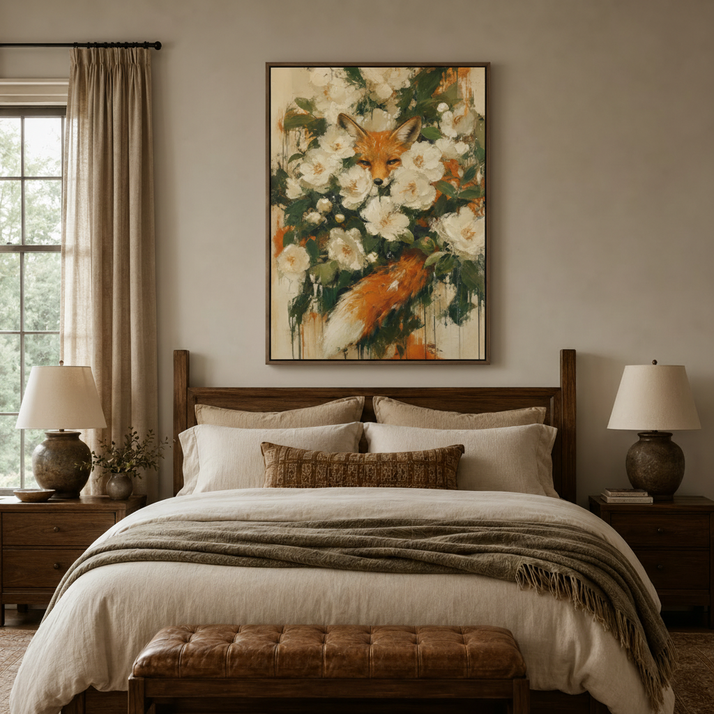 Fox among white camellias painting in walnut frame above bed, cozy bedroom floral wall art