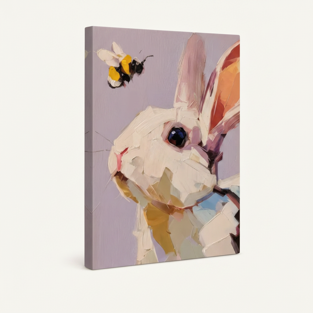Gallery-wrapped whimsical rabbit and bee canvas, thick wrap edges visible, minimal off-white background