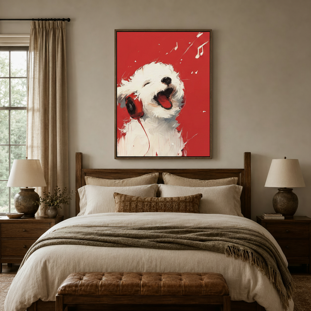 Bold red background singing dog canvas art above a linen bed in a cozy warm-toned bedroom