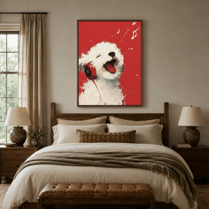 Bold red background singing dog canvas art above a linen bed in a cozy warm-toned bedroom