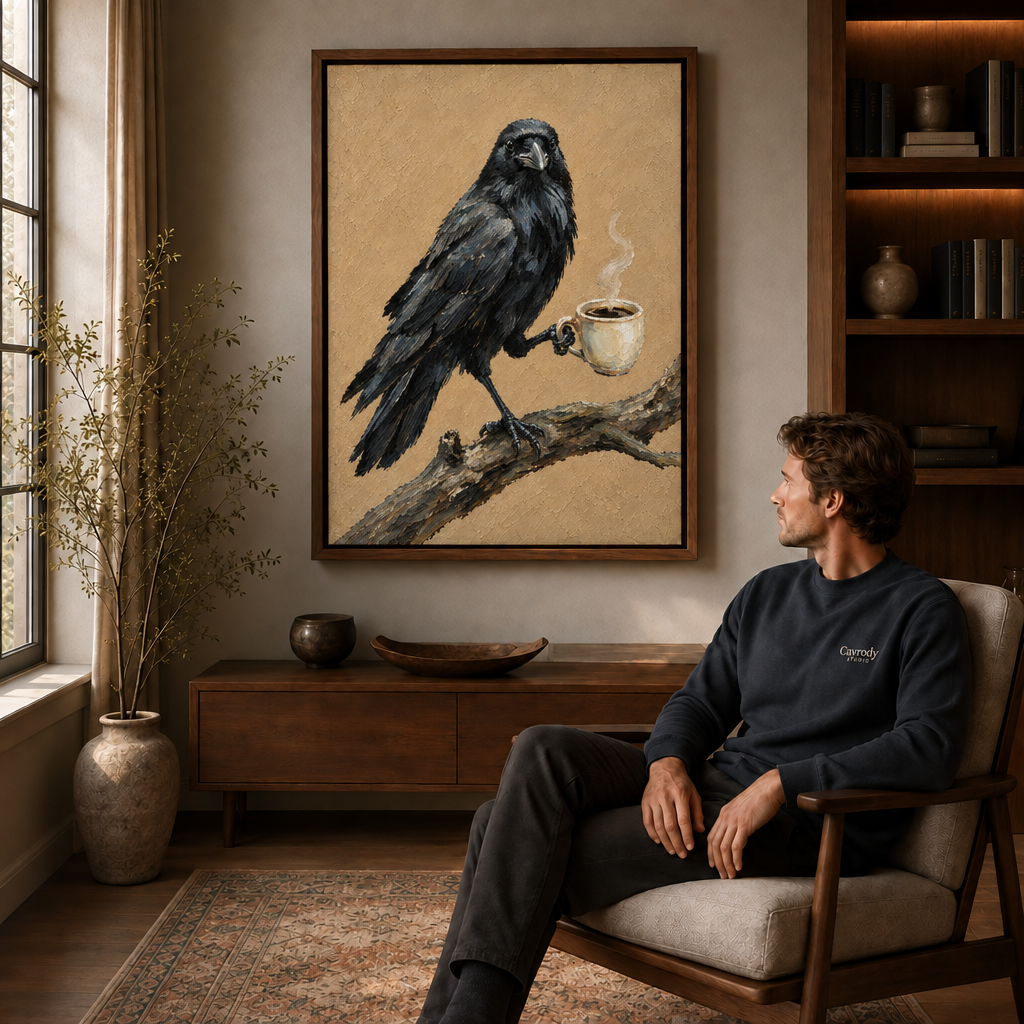 Raven with coffee canvas wall art above a wooden cabinet, with a seated man by the window.
