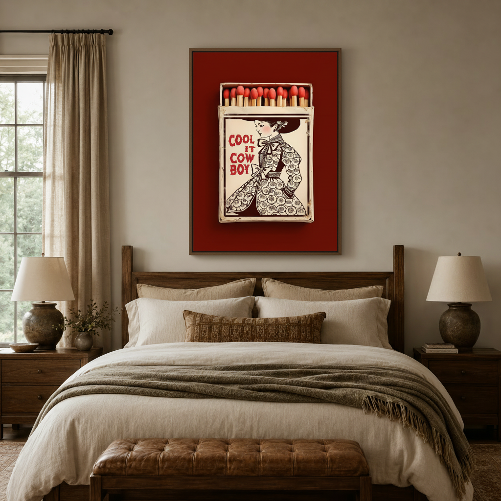 Vintage pop art canvas print above bed in a neutral bedroom with walnut furniture and linen bedding