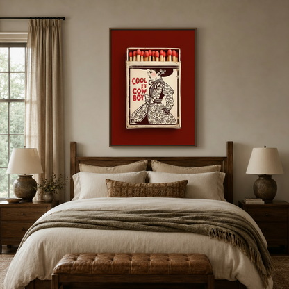 Vintage pop art canvas print above bed in a neutral bedroom with walnut furniture and linen bedding