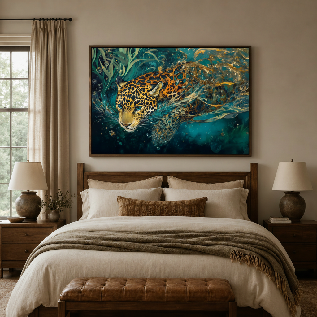 Wildlife jaguar canvas print above bed in cozy neutral bedroom with dark wood nightstands and ceramic lamps
