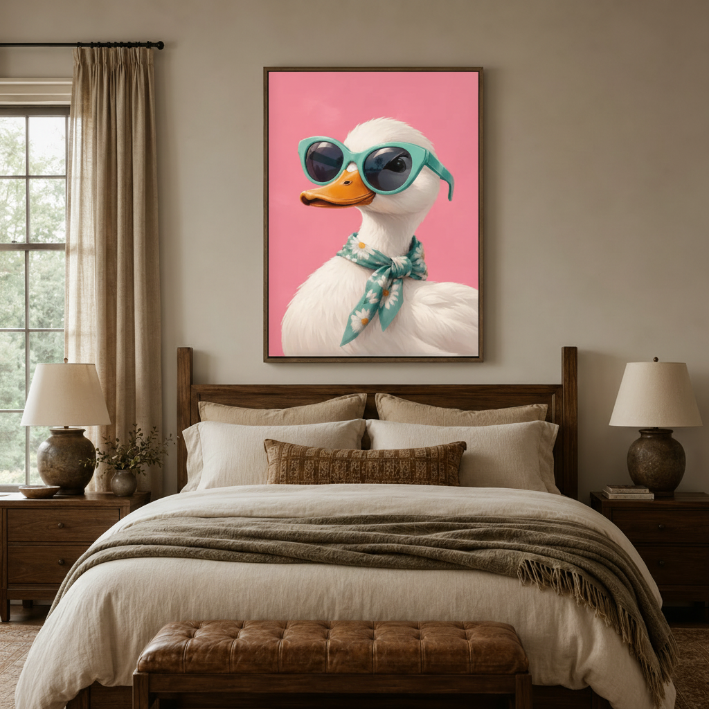 Cute duck with daisy scarf canvas print in walnut frame displayed above linen bed in cozy bedroom