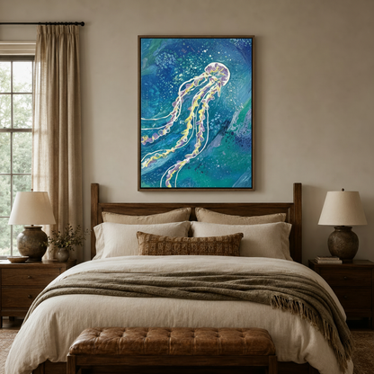 Luminous jellyfish painting in dark walnut float frame above bedroom headboard