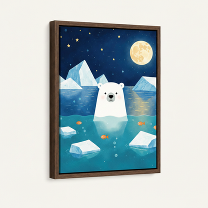 Framed polar bear moon canvas wall art in dark walnut float frame, angled product view