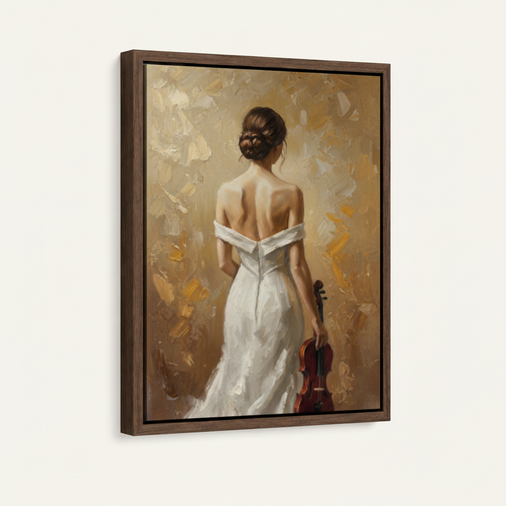 Elegant violin woman canvas in dark walnut thin float frame, 3/4 angle, gold impasto background, portrait