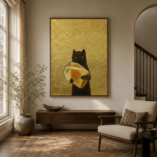 Black cat goldfish oil painting canvas in walnut float frame hanging in warm neutral entryway with arched doorway