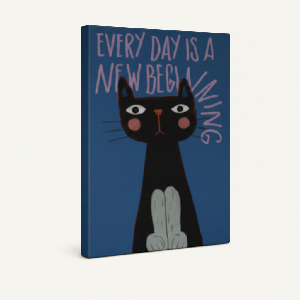 Gallery-wrapped black cat motivational canvas with deep blue tones wrapping left and bottom edges, no frame