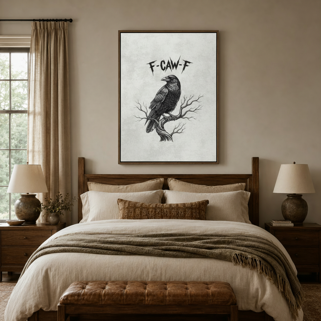 Gothic raven canvas print above dark walnut bed in cozy neutral bedroom with linen bedding