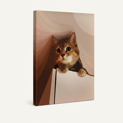 Gallery-wrapped curious cat canvas, ginger tabby peeking from bag, thick wrap edges visible on clean white background