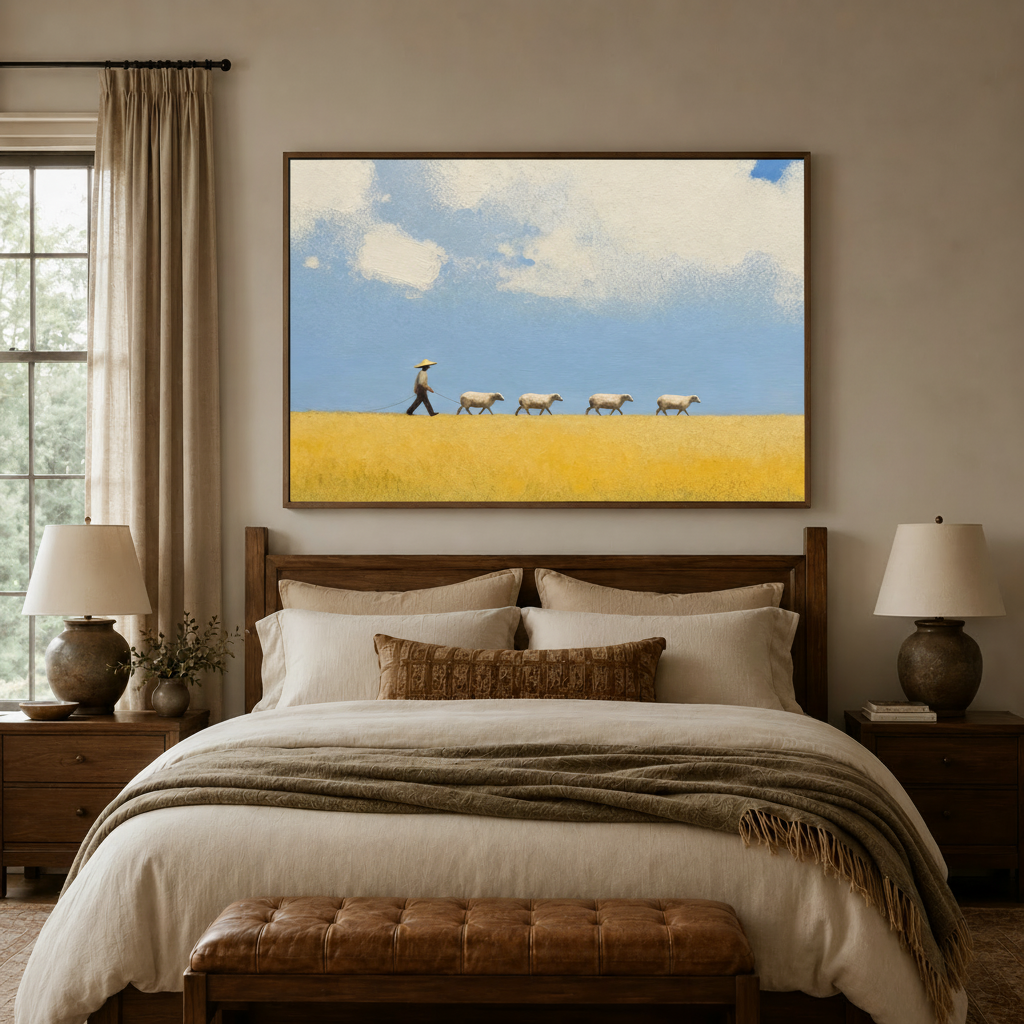 Minimalist pastoral canvas of a shepherd walking sheep, hanging above a wooden bed in a cozy bedroom.
