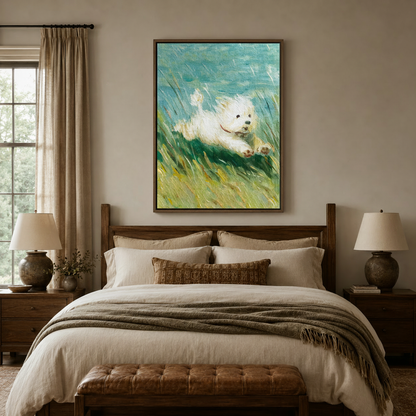 Impressionist running white dog canvas wall art above wooden bed in cozy farmhouse bedroom