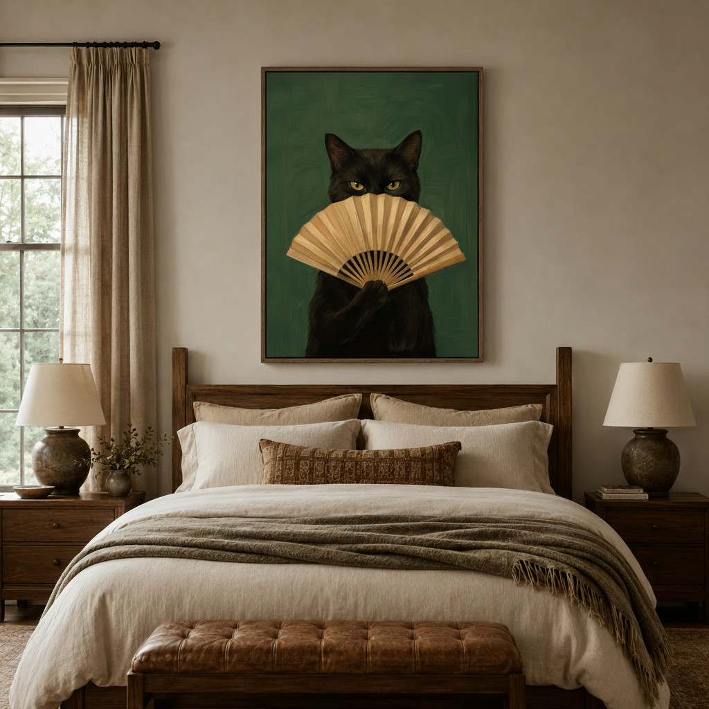 Elegant black cat fan canvas wall art above linen headboard in cozy neutral bedroom setting