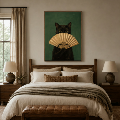 Elegant black cat fan canvas wall art above linen headboard in cozy neutral bedroom setting