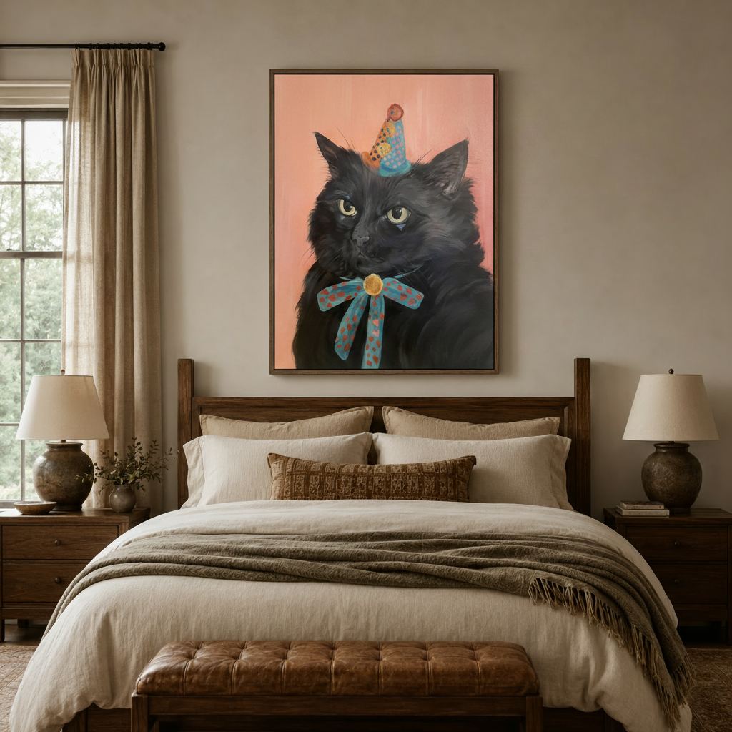 Expressive oil painting of black cat in party hat above dark walnut bed in earth-tone bedroom