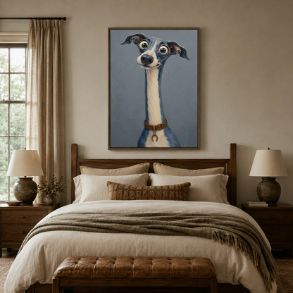 Italian Greyhound big eyes canvas art print above bed in cozy neutral bedroom interior