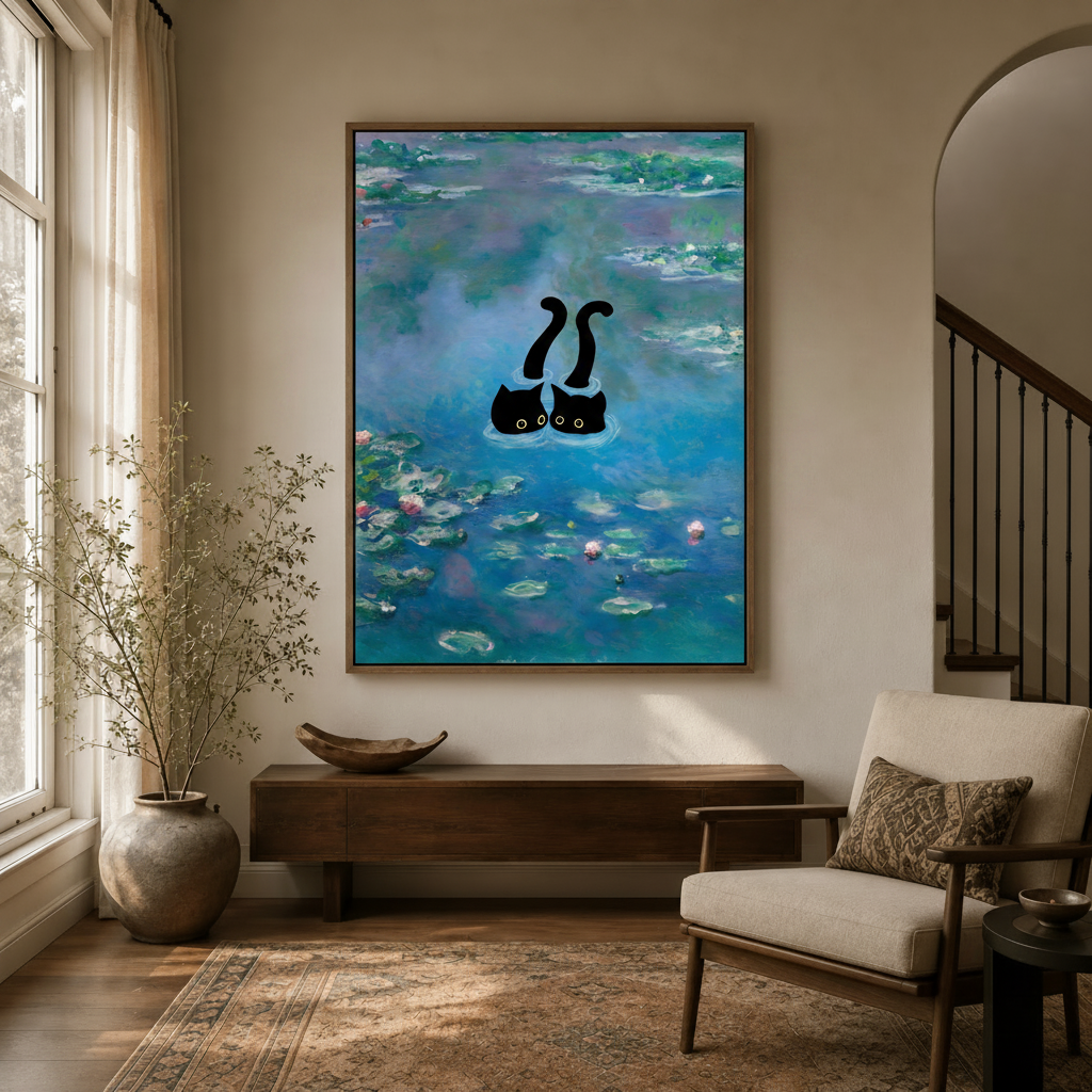Monet cat canvas print in natural wood frame styled in warm entryway with arched doorway and console table