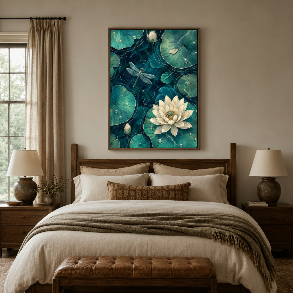 Lotus pond nature canvas art above bed in a cozy neutral bedroom with warm ambient lighting