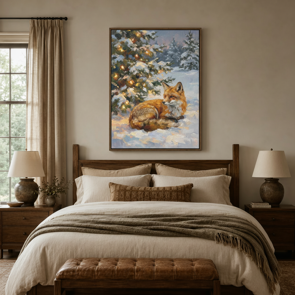 Winter fox oil painting canvas wall art above bed in neutral bedroom interior