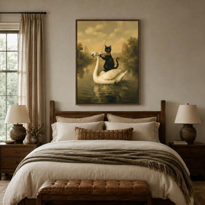 Whimsical black cat riding swan canvas print hanging above neutral bedroom headboard