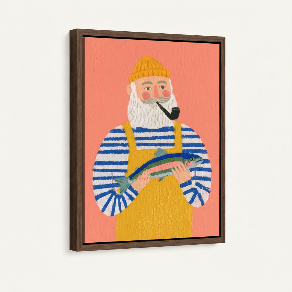 Folk art fisherman holding fish canvas in dark walnut float frame, 3/4 angle showing frame depth