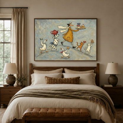 Whimsical folk art canvas wall art above bed in cozy warm-toned bedroom interior