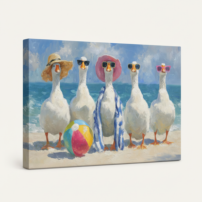 Gallery wrapped beach geese impasto canvas side view showing blue ocean sky wrapping around edges